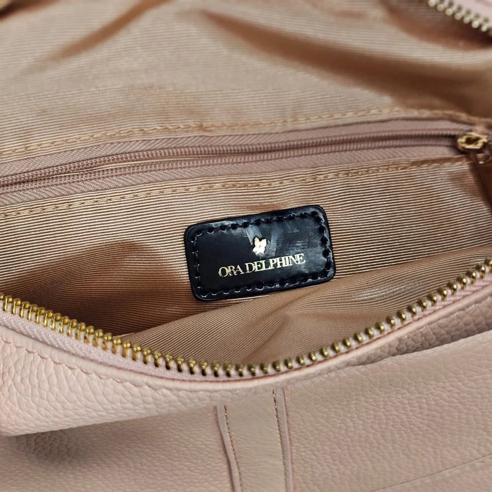 Ora Delphine Blush Pink Pebbled Leather Satchel Crossbody‎ Bag Gold Hardware